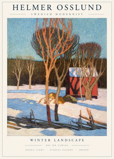 Helmer Osslund Winter Landscape with Red Barn No2 - Póster