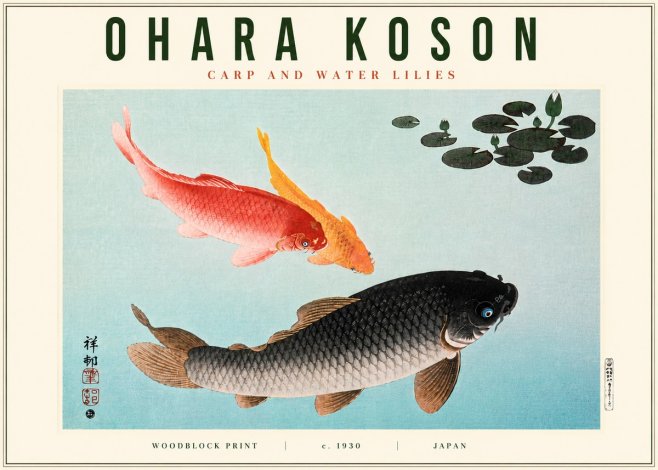 Ohara Koson Carp and Water Lilies No6 - Póster