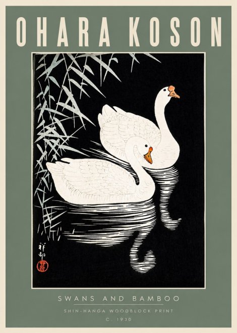 Ohara Koson Swans and Bamboo No2 - Póster