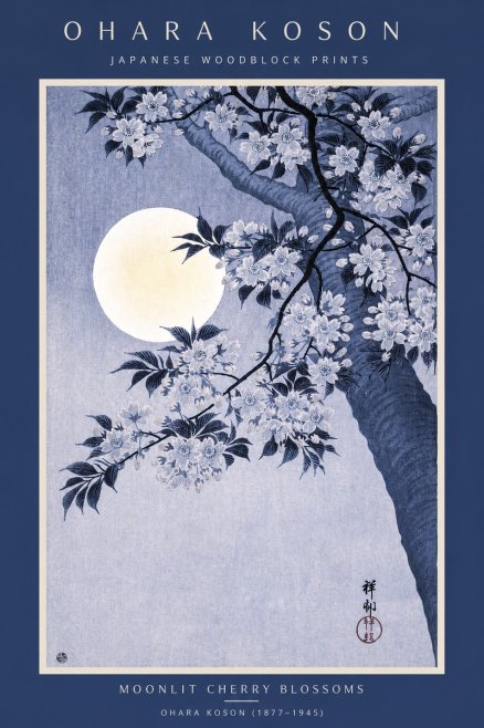 Ohara Koson Moonlit Cherry Blossoms No2 - Póster