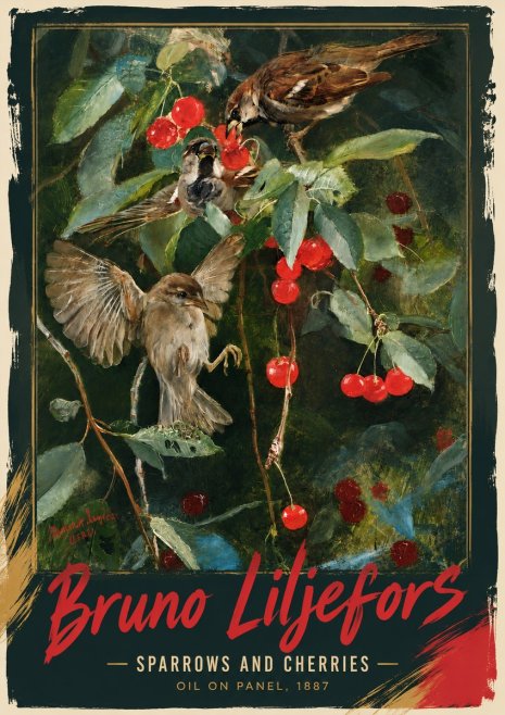 Bruno Liljefors Sparrows and Cherries No3 - Póster