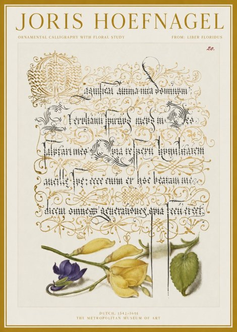 Joris Hoefnagel Ornamental Calligraphy with Floral Study No1 - Póster