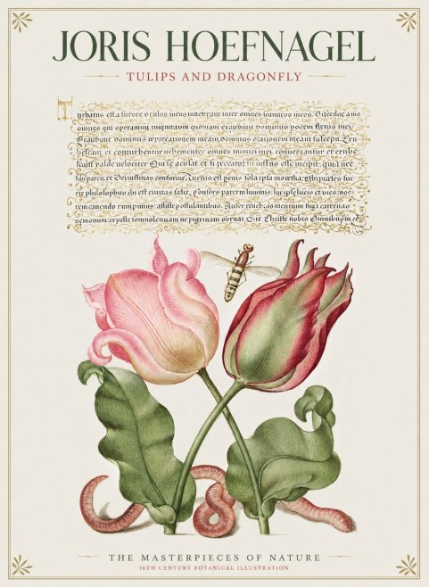 Joris Hoefnagel Two Tulips with Caterpillars and Dragonfly No2 - Póster