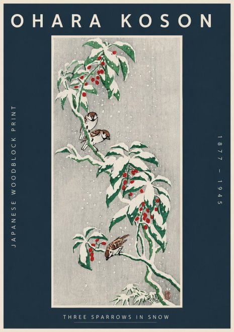 Ohara Koson Three Sparrows in Snow No4 - Póster