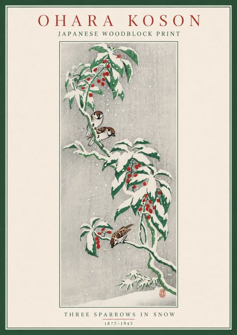 Ohara Koson Three Sparrows in Snow No5 - Póster