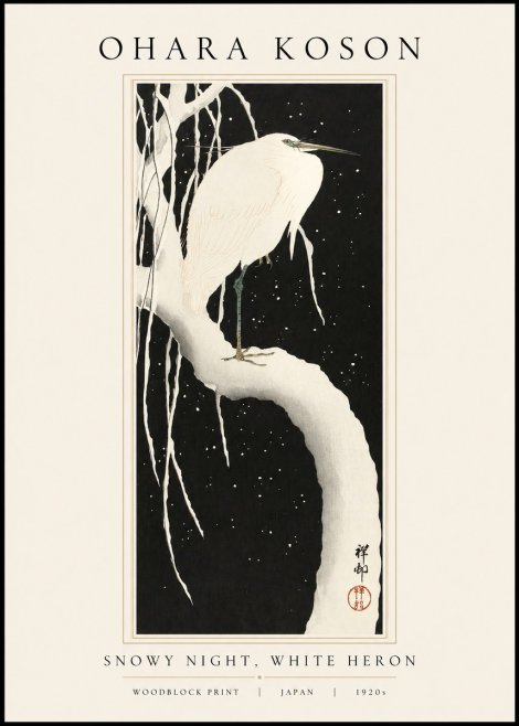 Ohara Koson Snowy Night, White Heron No1 - Póster