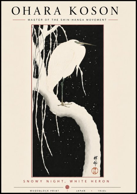 Ohara Koson Snowy Night, White Heron No5 - Póster