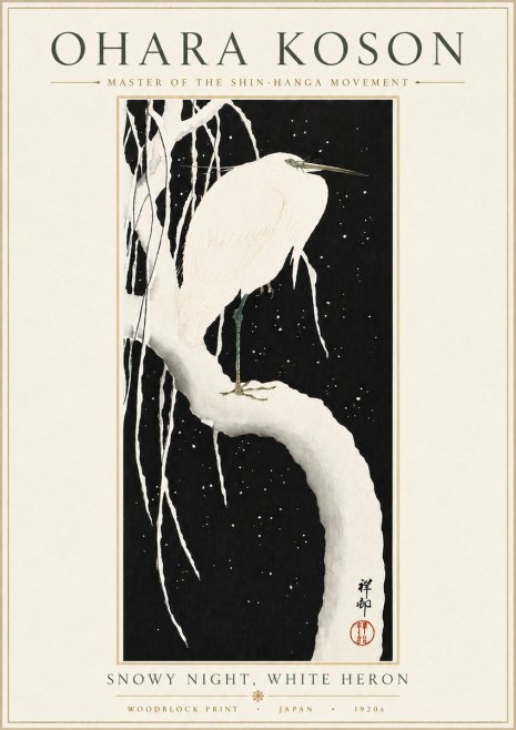 Ohara Koson Snowy Night, White Heron No6 - Póster