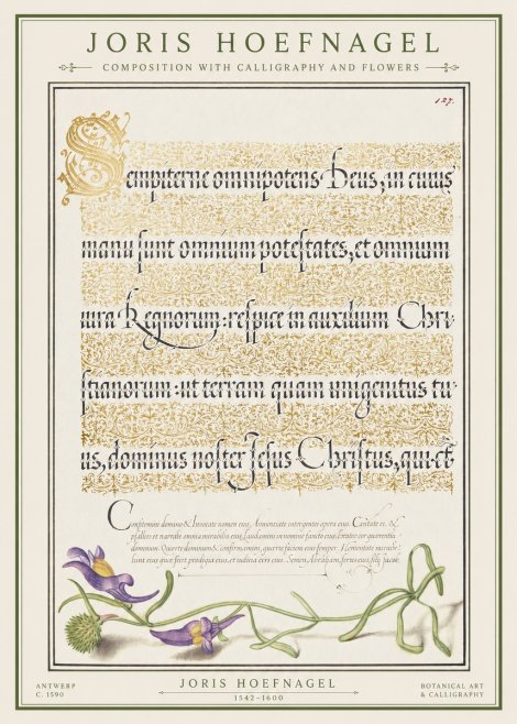 Joris Hoefnagel Composition with Calligraphy and Flowers No1 - Póster