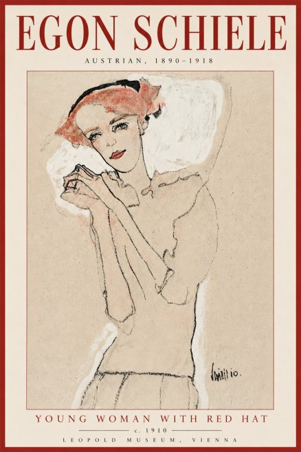 Schiele Young Woman with Red Hat No2 - Póster