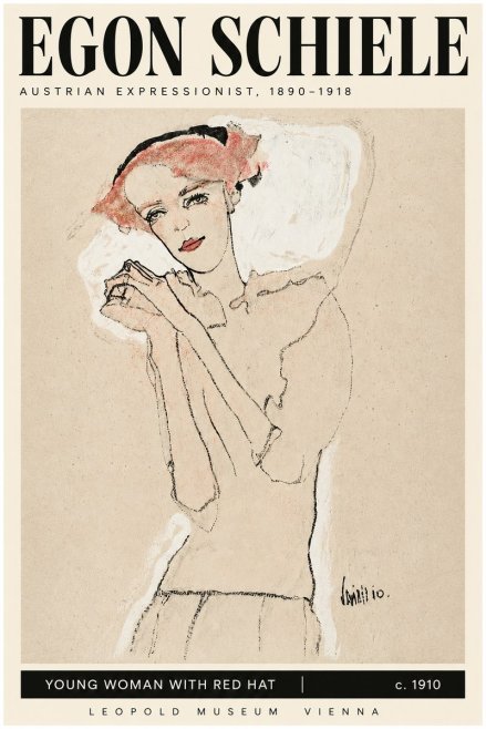 Schiele Young Woman with Red Hat No3 - Póster