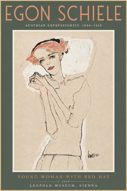 Schiele Young Woman with Red Hat No4 - Póster