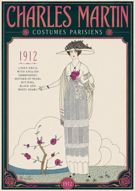 Charles Martin Linen Dress with English Embroidery, Mother-of-pearl Buttons, Black and White Shawl No4 - Póster