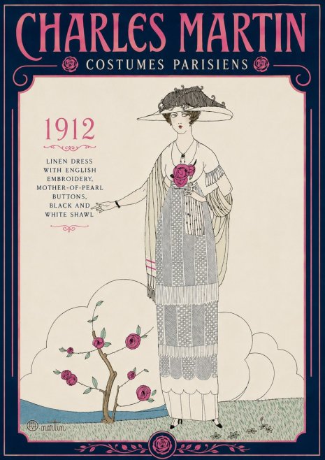 Charles Martin Linen Dress with English Embroidery, Mother-of-pearl Buttons, Black and White Shawl No5 - Póster