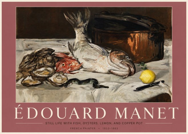Édouard Manet Still Life with Fish, Oysters, Lemon, and Copper Pot No3 - Póster