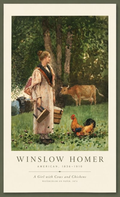 Winslow Homer A Girl with Cows and Chickens No1 - Póster