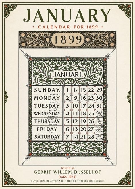 Gerrit Willem Dijsselhof January. Calendar for 1899. No1 - Póster