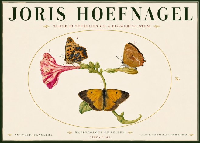 Joris Hoefnagel Three Butterflies on a Flowering Stem No6 - Póster