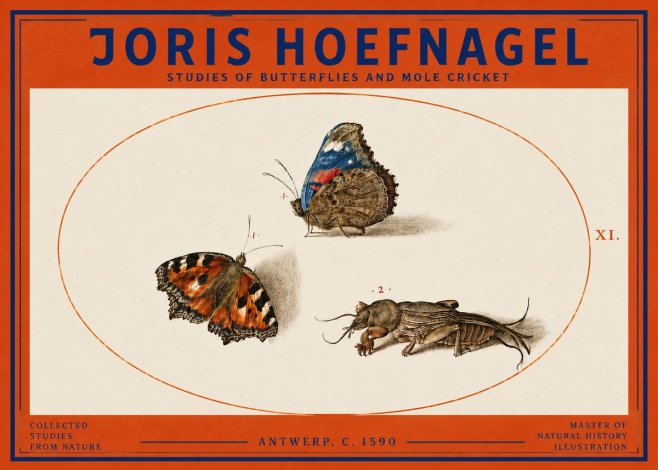 Joris Hoefnagel Studies of Butterflies and Mole Cricket No3 - Póster