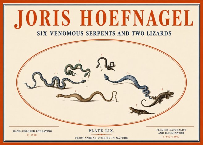 Joris Hoefnagel Six Venomous Serpents and Two Lizards No4 - Póster