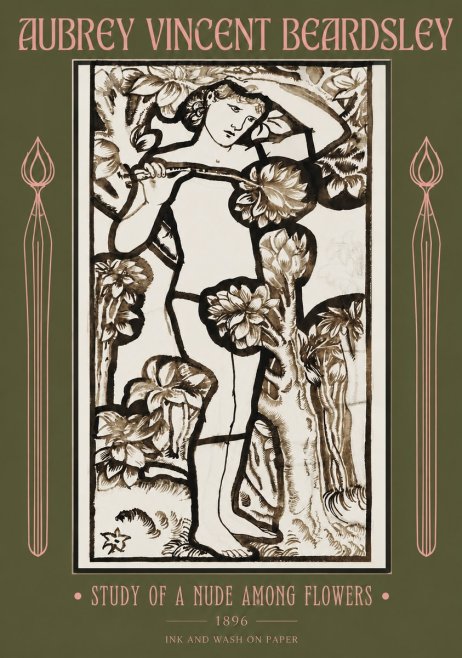 Aubrey Beardsley Study of a Nude Among Flowers No2 - Póster