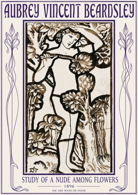 Aubrey Beardsley Study of a Nude Among Flowers No5 - Póster