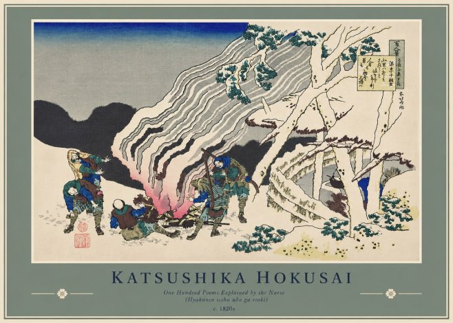 Katsushika Hokusai One Hundred Poems Explained by the Nurse (Hyakunin Isshu Uba Ga Etoki) No4 - Póster