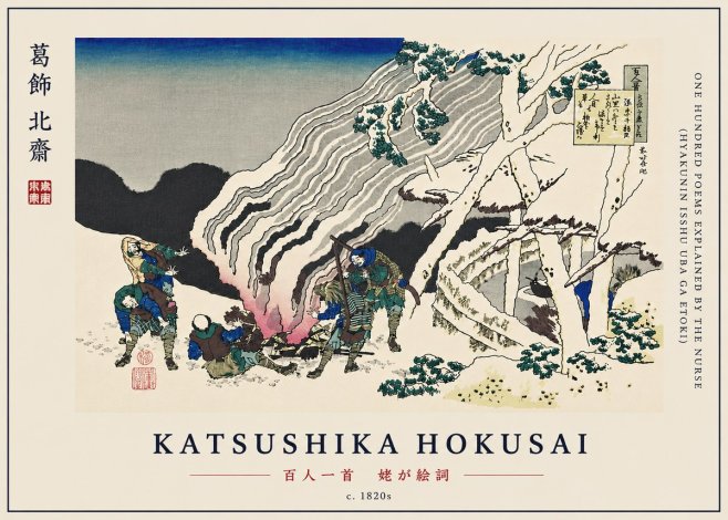 Katsushika Hokusai One Hundred Poems Explained by the Nurse (Hyakunin Isshu Uba Ga Etoki) No7 - Póster