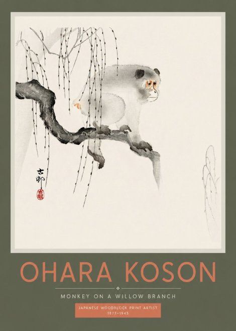 Ohara Koson Monkey on a Willow Branch No2 - Póster
