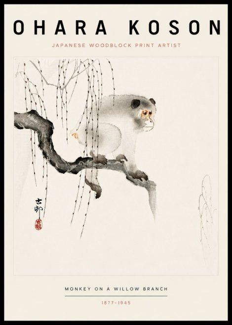 Ohara Koson Monkey on a Willow Branch No3 - Póster