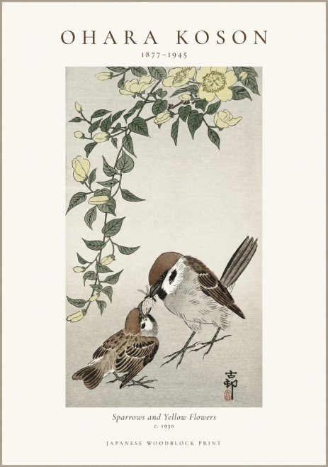 Ohara Koson Sparrows and Yellow Flowers No1 - Póster