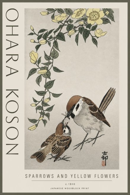 Ohara Koson Sparrows and Yellow Flowers No3 - Póster
