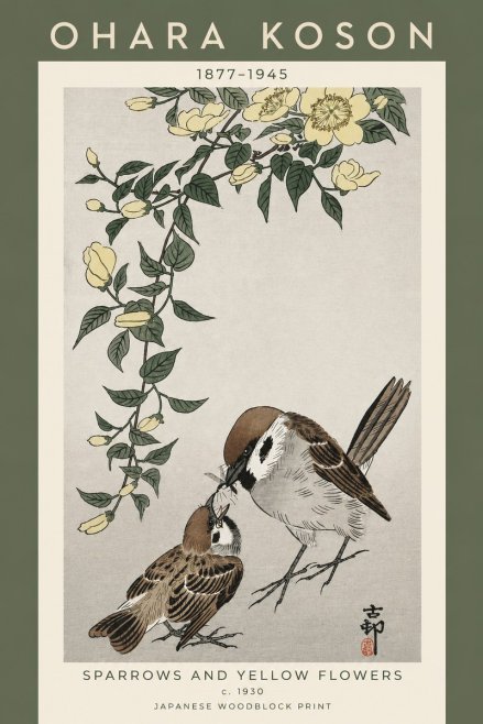 Ohara Koson Sparrows and Yellow Flowers No5 - Póster