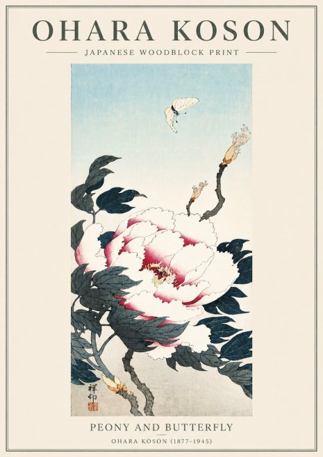 Ohara Koson Peony and Butterfly No5 - Póster