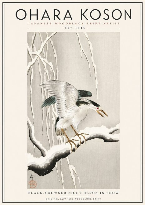 Ohara Koson Black-crowned Night Heron in Snow No3 - Póster