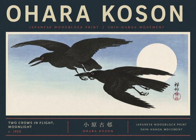 Ohara Koson Two Crows in Flight, Moonlight No6 - Póster