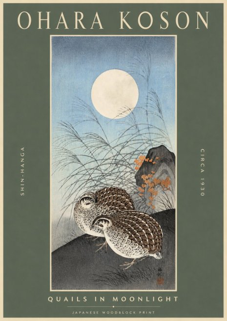 Ohara Koson Quails in Moonlight No2 - Póster