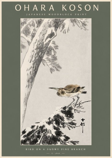 Ohara Koson Bird on a Snowy Pine Branch No2 - Póster
