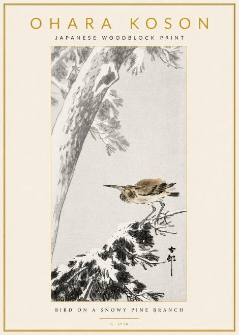 Ohara Koson Bird on a Snowy Pine Branch No3 - Póster