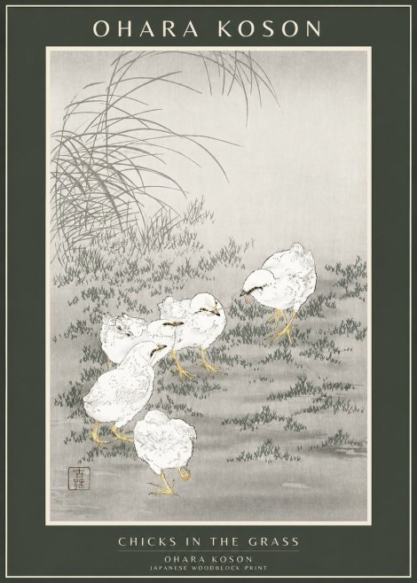 Ohara Koson Chicks in the Grass No1 - Póster