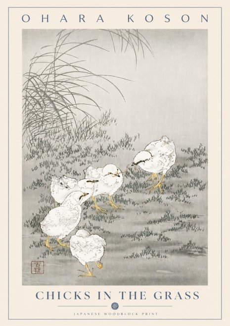 Ohara Koson Chicks in the Grass No2 - Póster