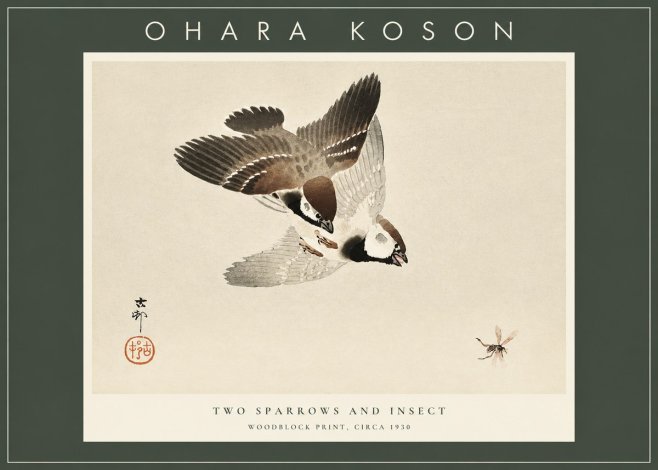Ohara Koson Two Sparrows and Insect No2 - Póster