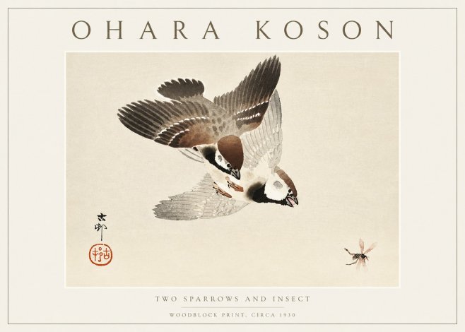 Ohara Koson Two Sparrows and Insect No3 - Póster