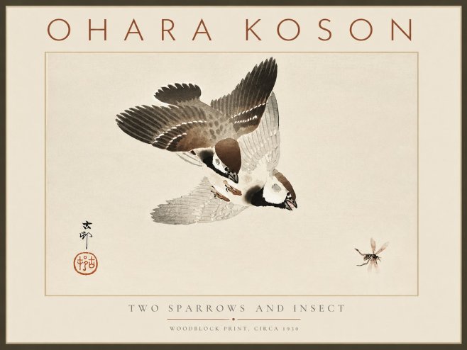Ohara Koson Two Sparrows and Insect No6 - Póster