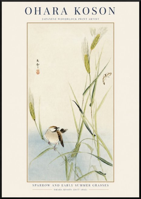 Ohara Koson Sparrow and Early Summer Grasses No1 - Póster
