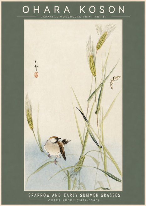 Ohara Koson Sparrow and Early Summer Grasses No2 - Póster