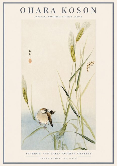 Ohara Koson Sparrow and Early Summer Grasses No3 - Póster