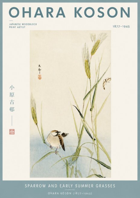 Ohara Koson Sparrow and Early Summer Grasses No4 - Póster