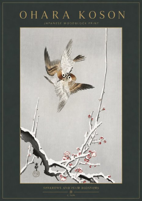 Ohara Koson Sparrows and Plum Blossoms No3 - Póster
