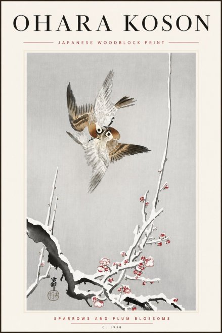 Ohara Koson Sparrows and Plum Blossoms No5 - Póster